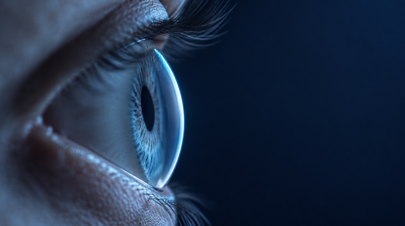 The curve of the cornea lit from the side, illustrating the surface layer that epithelium on cross linking leaves intact.