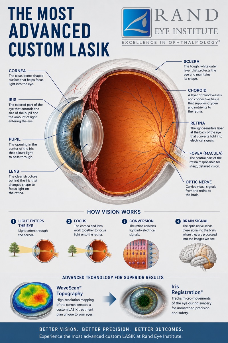 Anatomy of the eye: the cornea, iris, pupil and lens at the front, and the sclera, choroid, retina, fovea and optic nerve at the back. Below, how vision works in four steps — light enters through the cornea, the cornea and lens focus it on the retina, the retina converts it to electrical signals, and the optic nerve carries those signals to the brain. Rand Eye Institute uses WaveScan topography to map the cornea and Iris Registration to track eye movement during surgery.